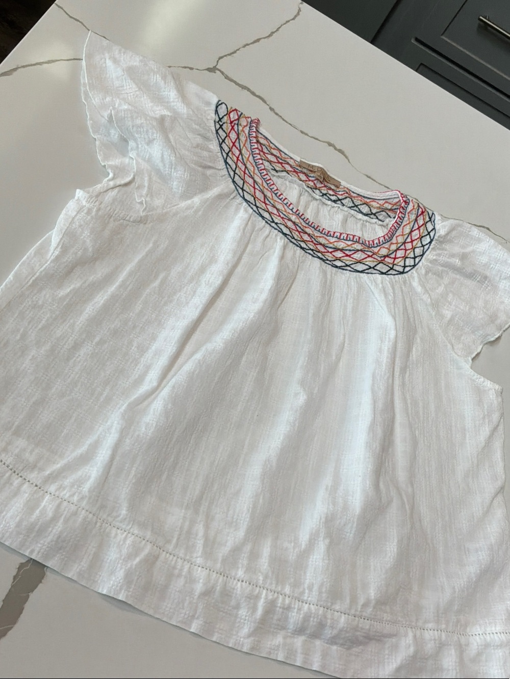 My Danielle Large Ruffle Mini Sleeve White Short Sleeve Embroidered Yoke Blouse